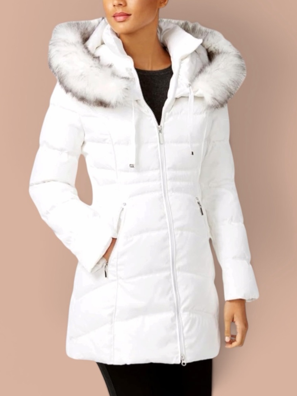 NEW LAUNDRY BY SHELLI SEGAL Hooded 3/4 Puffer Jacket Faux Fur Trim in Real White